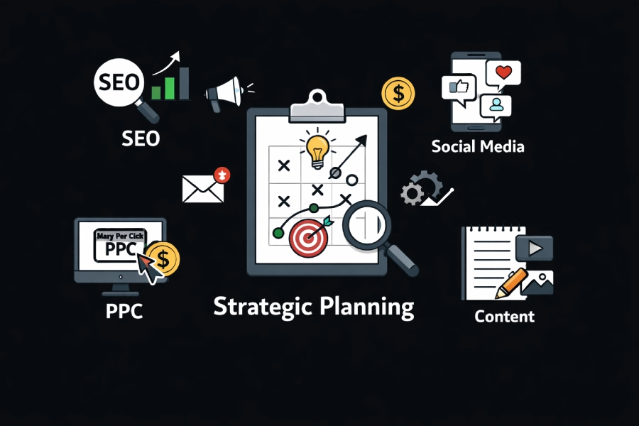 Digital marketing services selection icons like SEO and PPC