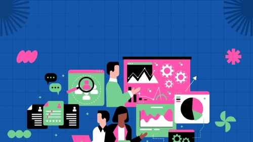 Illustration of a digital marketing team reviewing analytics dashboards, charts, user insights, and campaign performance on multiple screens
