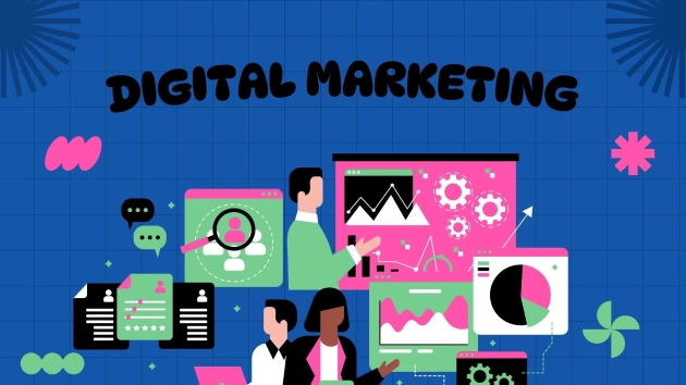 Illustration of digital marketing showing professionals analyzing analytics dashboards, charts, user data, and campaign performance on multiple screens