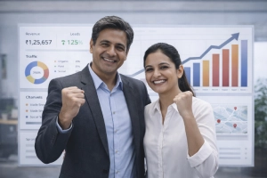 Business growth charts and satisfied clients visual