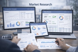 Market research showing competitor analysis, audience data, and insights