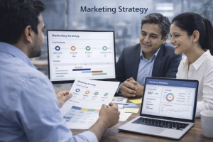 Marketing team planning strategy with goals, timelines, and channels