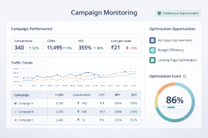 Digital marketing dashboard showing live performance and optimization indicators