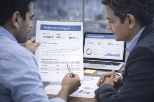 Performance reports being reviewed by a marketer and client