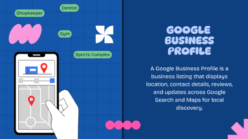 Illustration of Google Business Profile showing a mobile map interface with location pins for local businesses and services